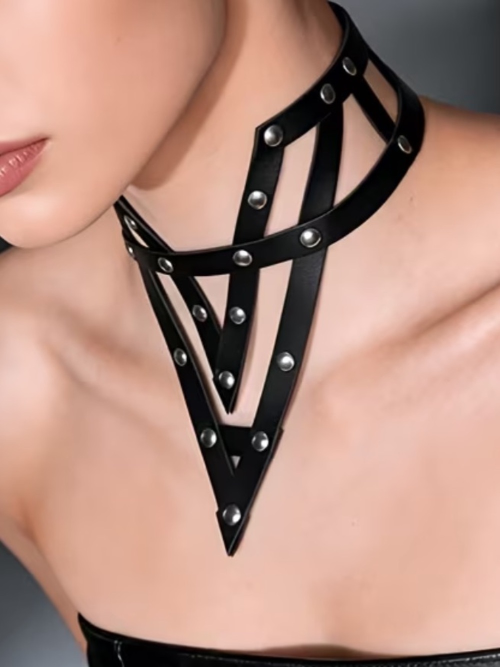 New Dolls Kill Leather Geometric Choker Necklace - Picture 8 of 11